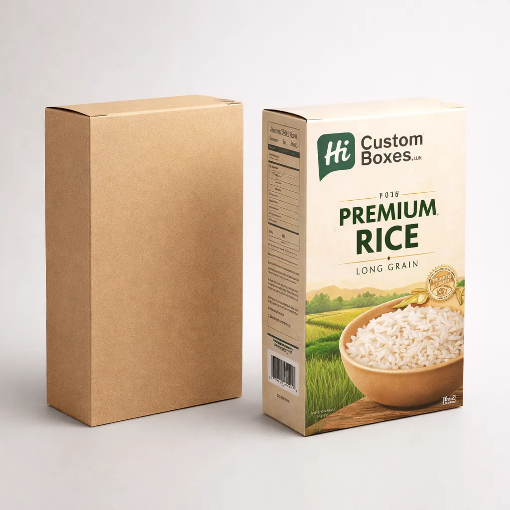 Two tall cereal-style cardboard boxes, one plain brown and one printed with premium long-grain rice branding.